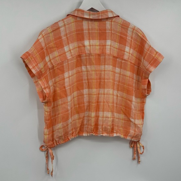 True Craft Orange Plaid Cropped Button Shirt Size Large Linen Blend - Picture 9 of 9